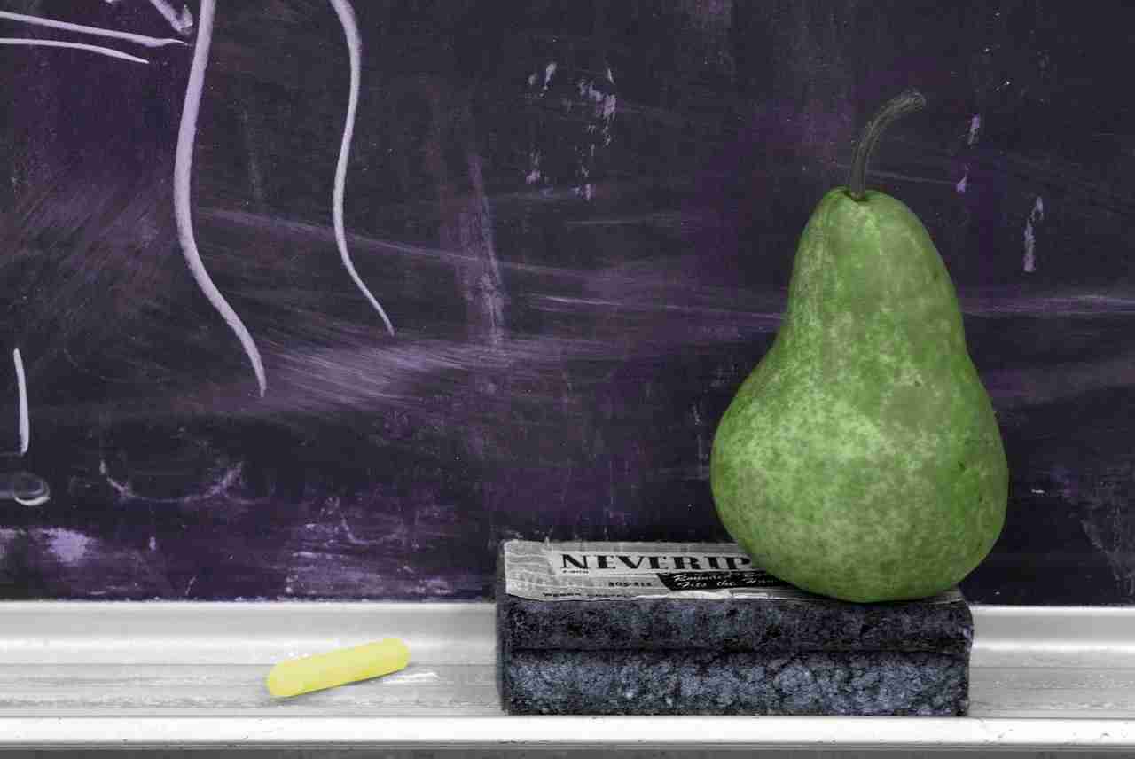 school, chalkboard, pear